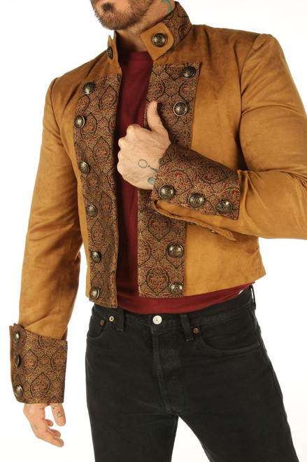 Men's brown military steampunk jacket with brocade cuffs, front view