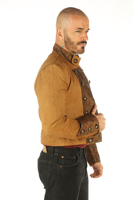 Men's brown cotton gothic military jacket with brocade trim, side view