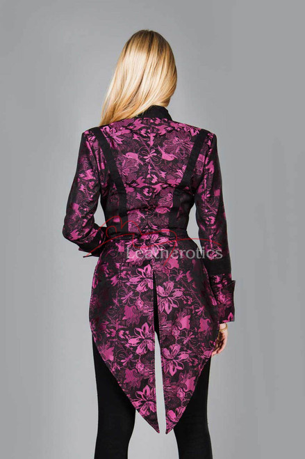 Ladies purple and black brocade Victorian tailcoat, back view