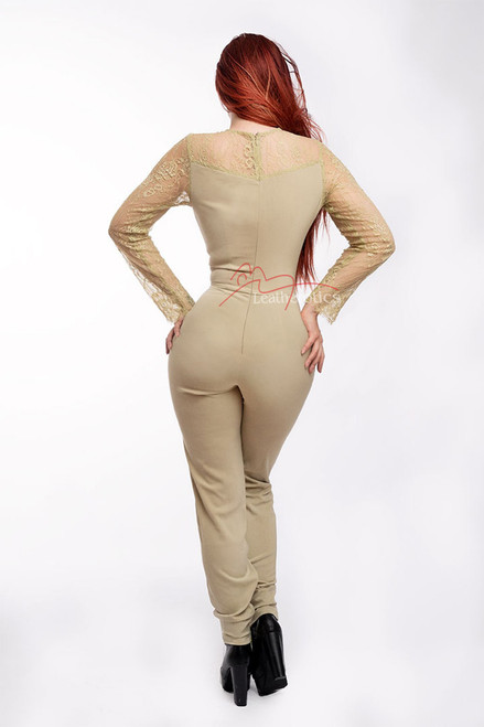 Women's Jumpsuit Dress With Mesh Arms Beige Back Women's Jumpsuit Dress With Mesh Arms Beige Back
