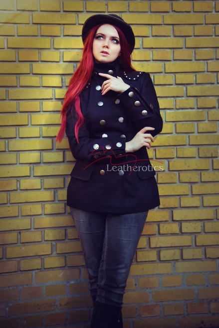 Women's dark navy double breasted steampunk military jacket, front view