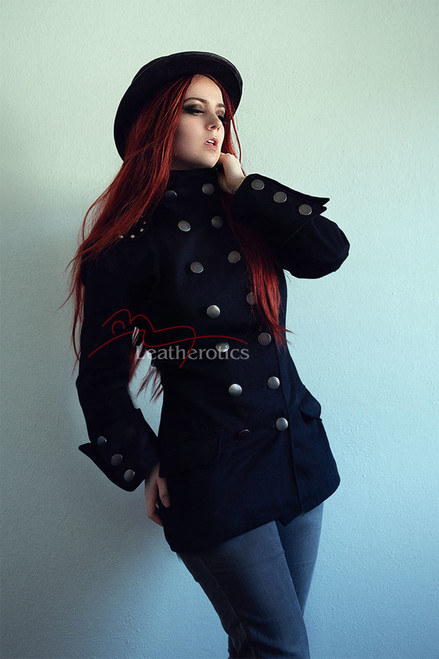 Women's navy steampunk military jacket with silver buttons and bowler hat