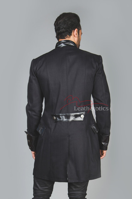 Men's black gothic steampunk coat with leather trim, back view
