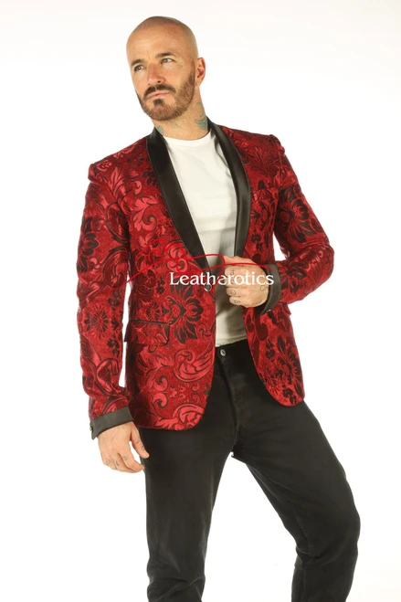 Men's maroon red brocade blazer, front view