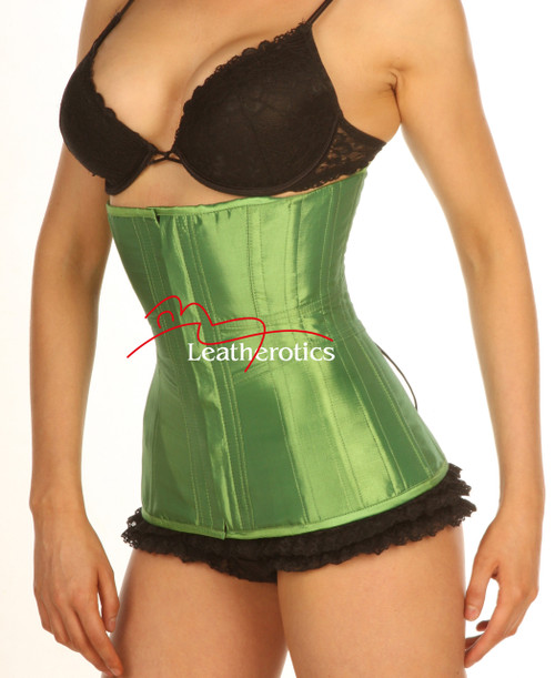 Green satin underbust hipster corset, front view