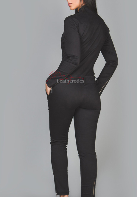 Women's black cotton catsuit jumpsuit, back view