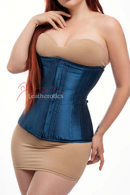 Blue satin steel boned underbust hipster corset, front view