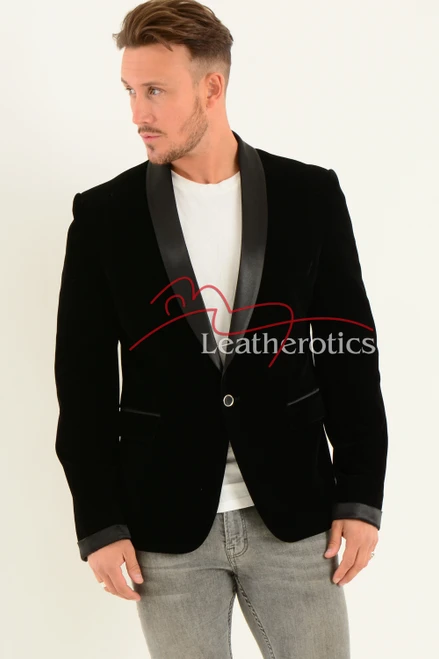 Men's black velvet vintage blazer with leather lapels, front view