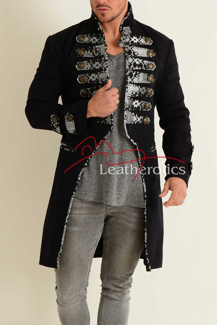 Men's black cotton tailcoat with silver brocade frogging, front view