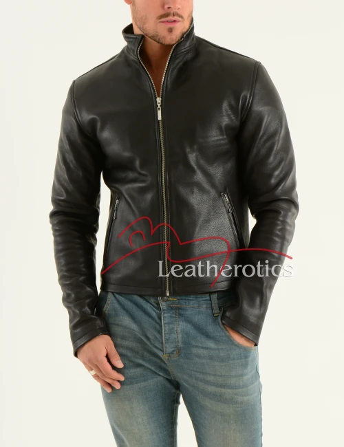 Men's black fitted cowhide leather jacket with zip front, front view