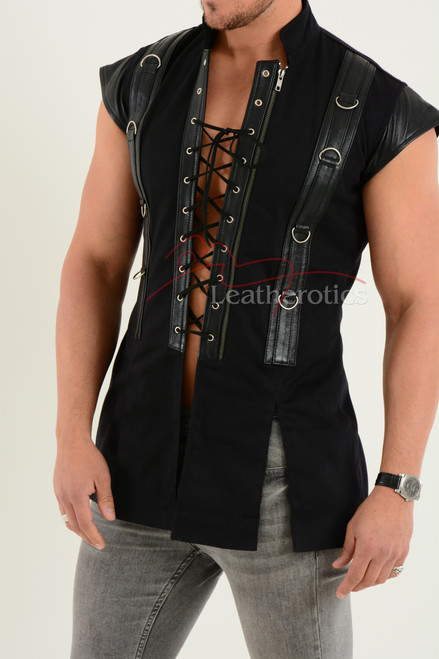 Black Leather and Cotton Gothic Style Vest - details