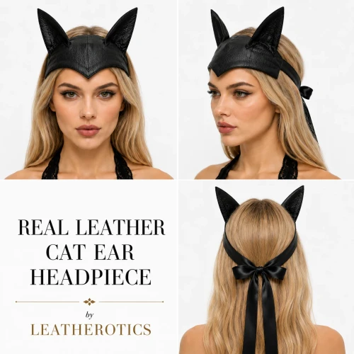 Black leather cat ears mask side by side images