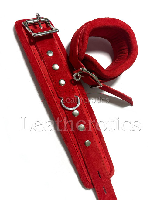 Red suede leather wrist and ankle cuffs with silver buckles