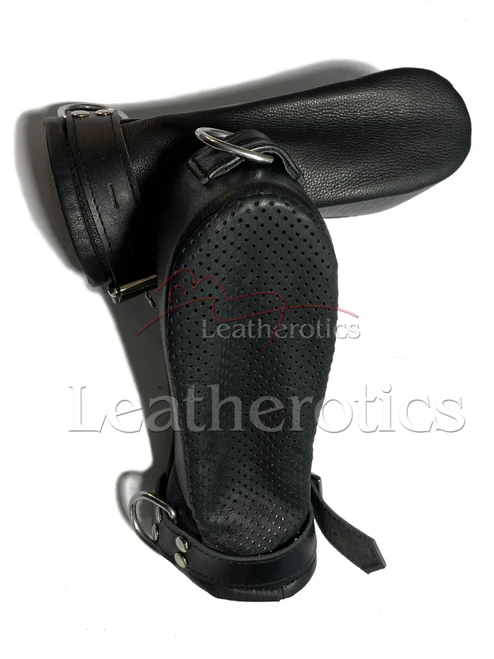 Black lockable leather mittens with perforated palm and buckle strap