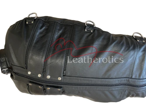 Black leather body bag with D-rings and zips, close-up