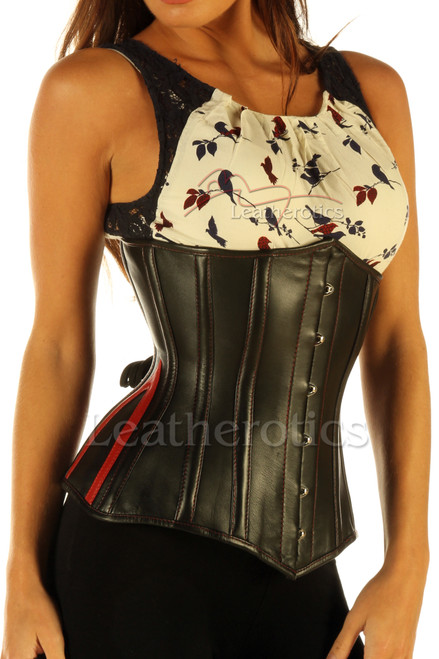 Black and red leather steel boned underbust corset, side front view