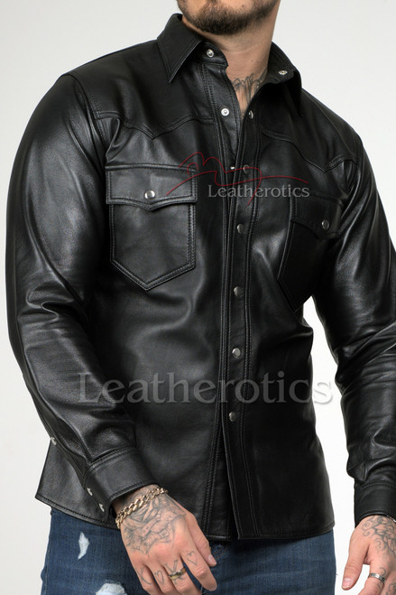 Styled look: Mens leather shirt paired with jeans for nightwear
