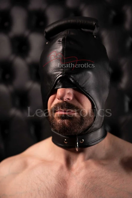 Black leather handle hood with open mouth and chin strap, front view