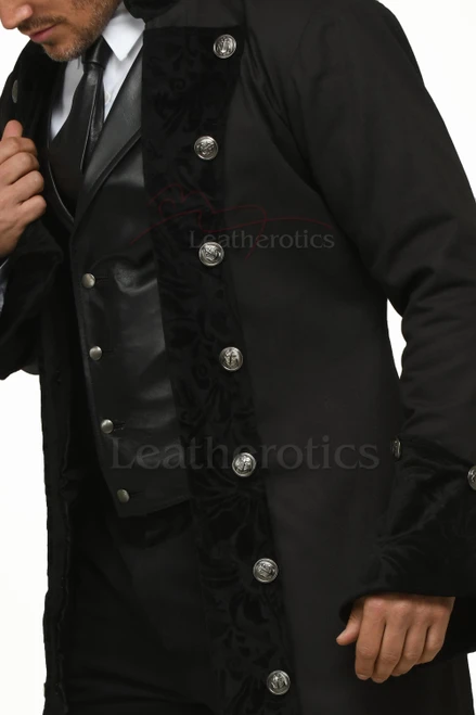 Close-up of black velvet trim and buttons on vintage cotton coat