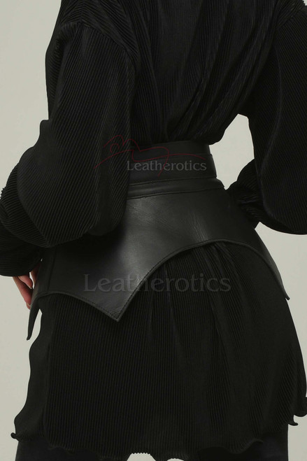 Black leather obi belt over black blouse, back close-up