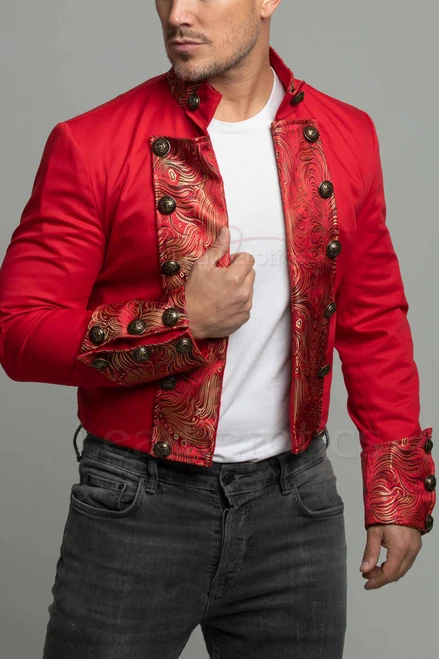 Men's red cotton cropped western jacket with gold brocade trim, front