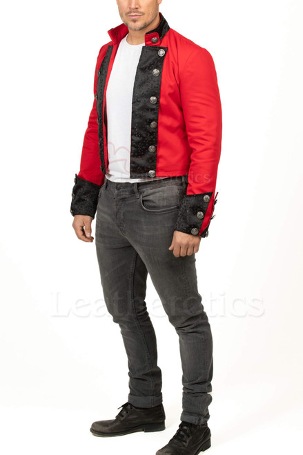 Men's red cotton military style jacket with black brocade trim, side