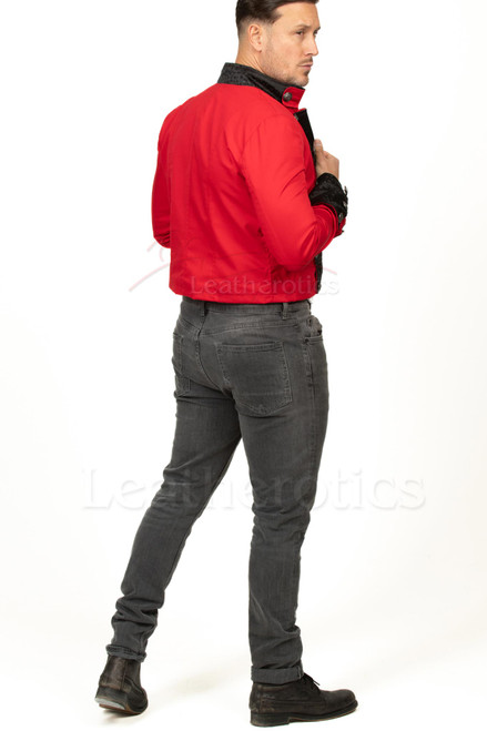 Men's short red cotton military jacket, back view
