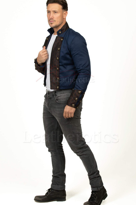 Men's blue cotton cropped vintage jacket with brown brocade trim, side