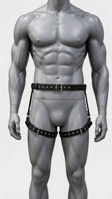 Men's leather thigh harness with adjustable waist belt and buckles – front view