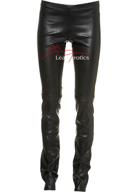 Black full grain leather skinny leggings, front product shot