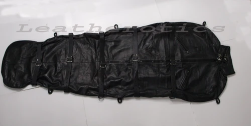 Black leather body bag sleepsack with straps, full length flat lay