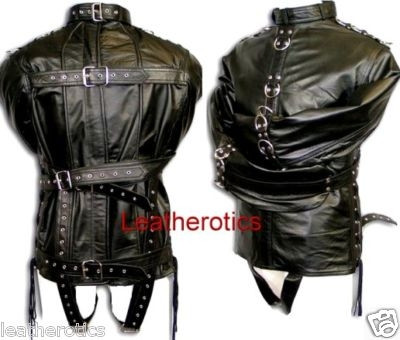 Black leather straitjacket with buckle straps, front and back flat view