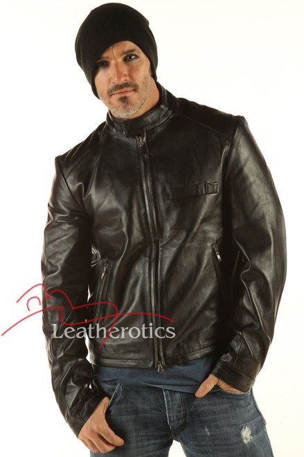 Men's black goat skin leather detailed jacket with stand collar, front view