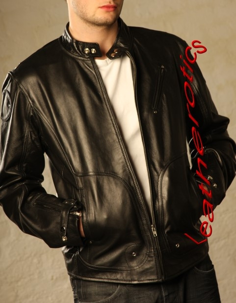 Men's black goat skin leather fashion jacket with high waist, front view