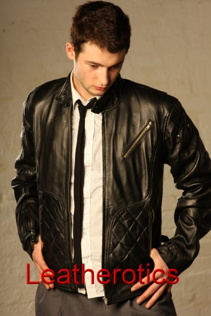 Men's black stylish high waist leather jacket with quilted panels