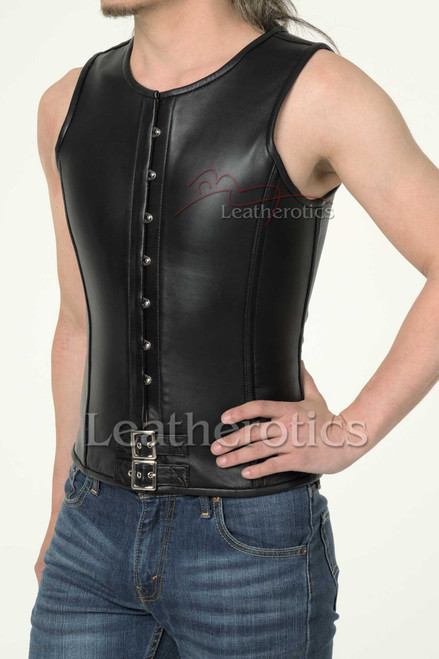 Men's black leather steel boned overbust corset with front busk, front