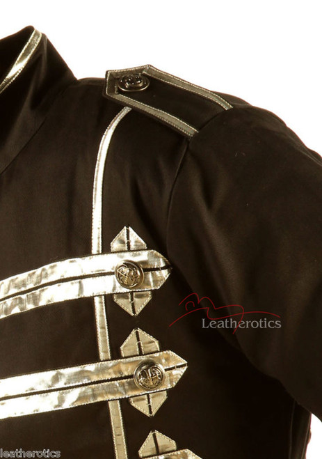 Men's black cotton military jacket, close-up of silver frogging and epaulette