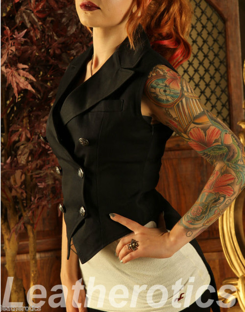 Ladies black sleeveless gothic tailcoat waistcoat, side view