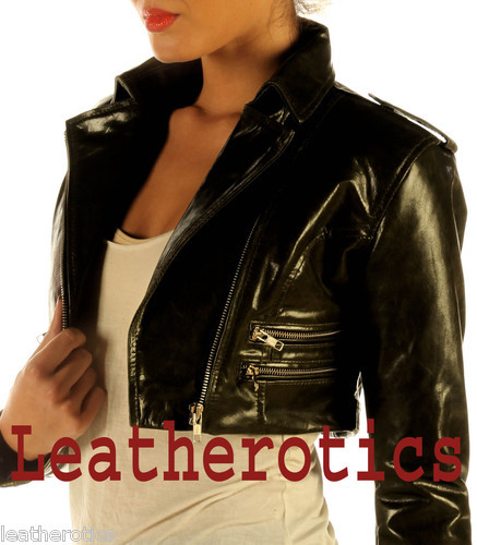 Ladies black leather short cropped jacket with zips, front close-up