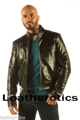 Men's black classic cowhide leather jacket with stand collar, front view
