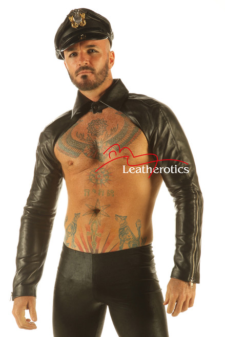 Men's black leather shrug with collar and long sleeves, front view