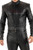 Men's black leather one piece suit, close-up of chest and zip