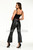 Black flared leather trousers, full length back view