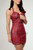 Red leather mini dress with halter neck, front close-up