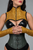 Golden Shoulder Corset with matching gauntlets, front view showing the gold brocade neck corset with front-zip closure.