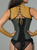 Back view of the golden shoulder neck corset with lace-up back and matching gold brocade fingerless gauntlets.