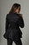 Women's black denim cotton jacket with peplum back, back view