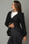 Women's black denim cotton peplum jacket with white collar, front view