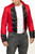 Men's red military style jacket with black brocade front, front view