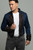 Men's blue cropped vintage jacket worn open, front view